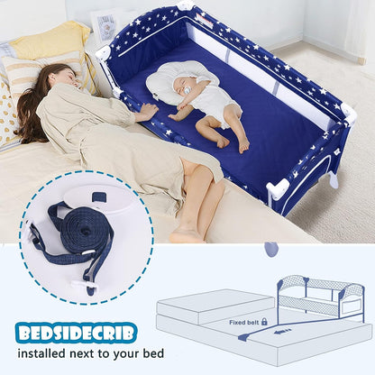 4 in 1 Pack and Play Portable Baby Playard Bedside Sleeper Foldable Bassinet Bed with Luxury Mosquito Net